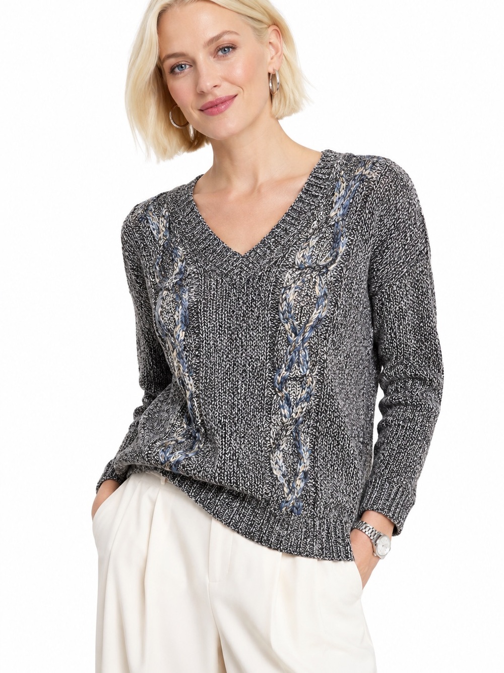 Kensie Marled Knit V Neck Sweater Blue Gray Textured Women’s Medium